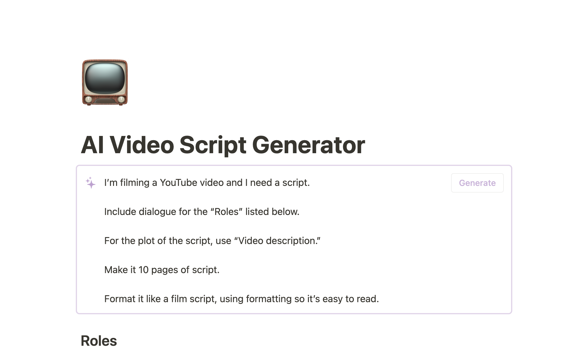 Video script generator template